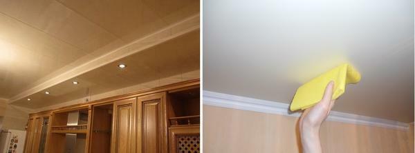 Plastic ceiling does not need special care, it is enough to periodically wipe it from the dust with a damp sponge