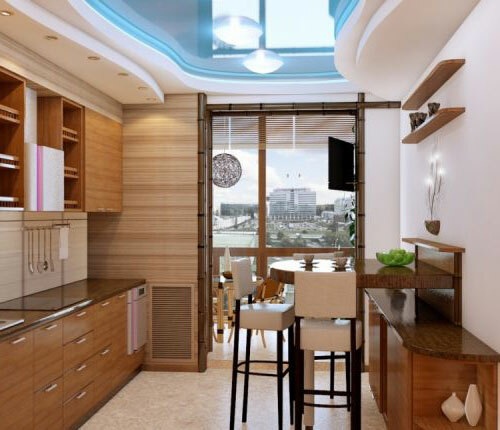 Het prachtige ontwerp van de keuken 10 vierkante meter met een balkon