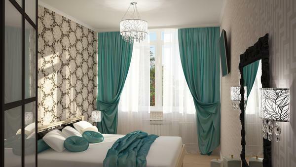 Turquoise curtains in the bedroom are particularly popular in 2016