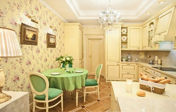 Delicate flowers on the wallpaper are well in tune with monotonous furniture set.