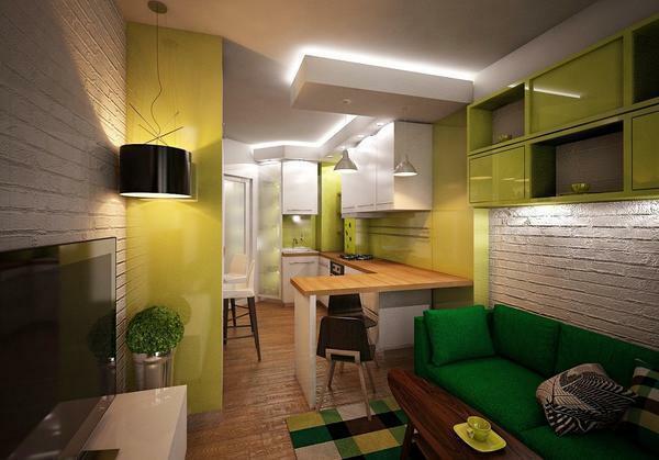 Dele kjøkken-stue rektangulær form, kan du bruke bordplater og andre møbler