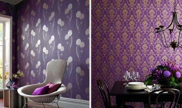 Violetinė tapetai į vidų sienos, nuotrauka gėlių tamsiame kambaryje, dizainą ir modelius, ultravioletiniai