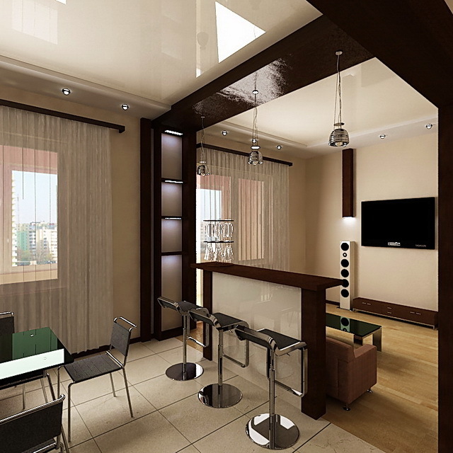 Obývacia izba design Chruščov: interiér v panelovom dome, projekt izba s kuchynským kútom