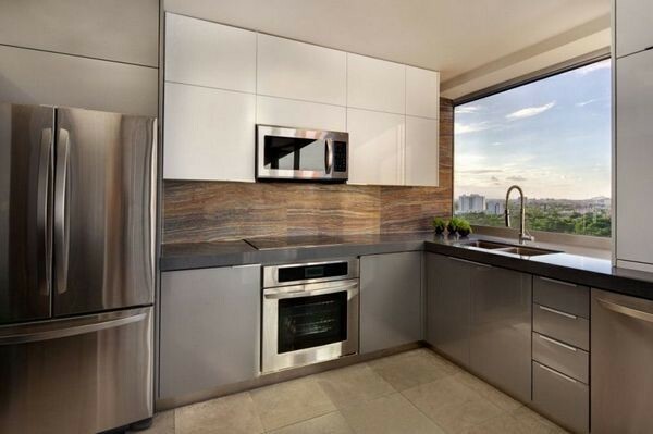 Utilitarian design kitchen in high-tech standard apartment