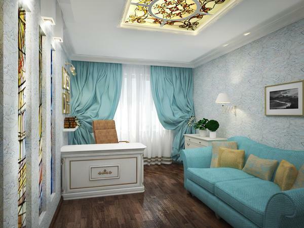 Sofa di ruang tamu yang sempit harus ditempatkan di sepanjang dinding terpanjang dan tempat bekerja - dekat jendela