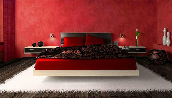 Papel pintado rojo de las paredes negras, foto en el interior, un blanco de mamut, que son cortinas adecuadas con el fondo de las flores de oro