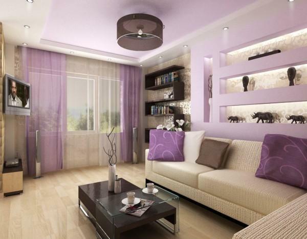 Lilac color in the living room helps create a romantic and cozy atmosphere