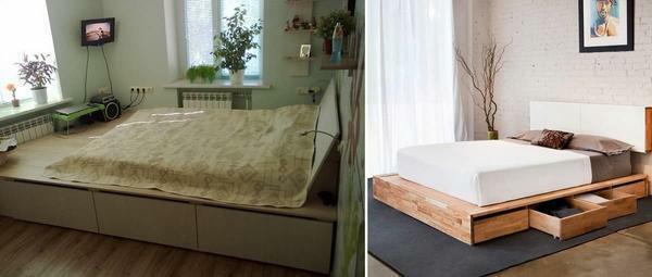 מאז בתוך rekomnduetsya שינה קטן לא למקם רהיטים או פריטים מיותרים, מיטה-פודיום עם מגירות יהיה הפתרון הטוב ביותר עבור הפנים של החנות