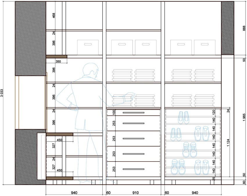 Dressing Room: layout with the size and the arrangement