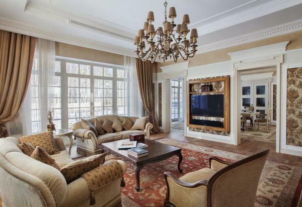 Curtains in a classic living room should be combined with furniture