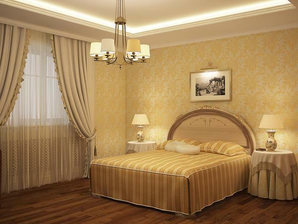 For classical style, a good option is to use beige wallpaper with a golden tinge