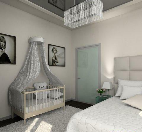Küçük bir dairede entegre çocuklarla küçük boyutlu yatak odası tasarımı
