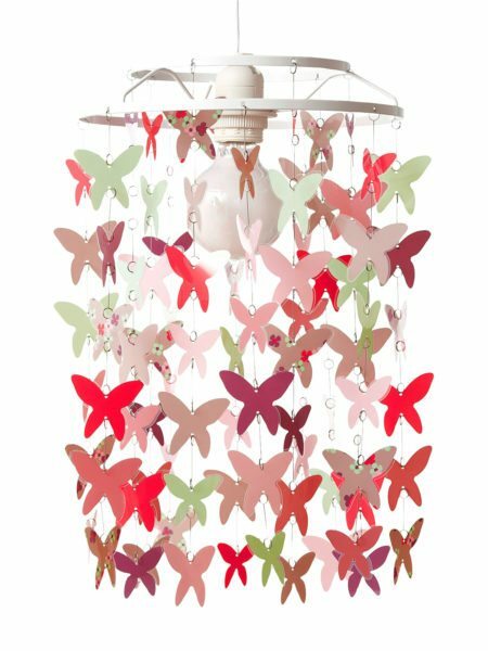 Lampshade of butterflies. They are made of colored cardboard, and bonded wood.