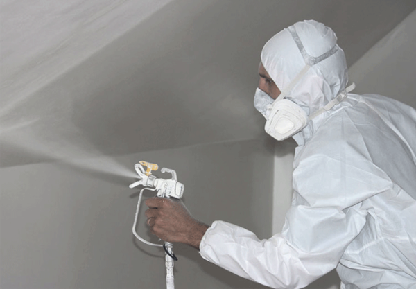 Using an airless spray will help distribute the solution evenly over the surface of the ceiling