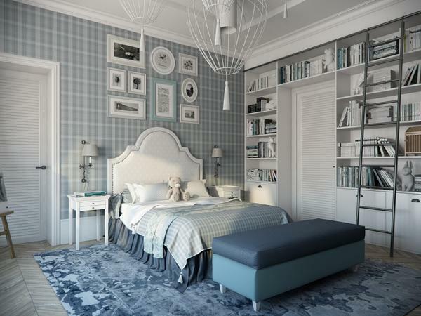 Quarto em tons de azul: marrom e macio, design e fotografia paredes em interior branco e cinza com móveis