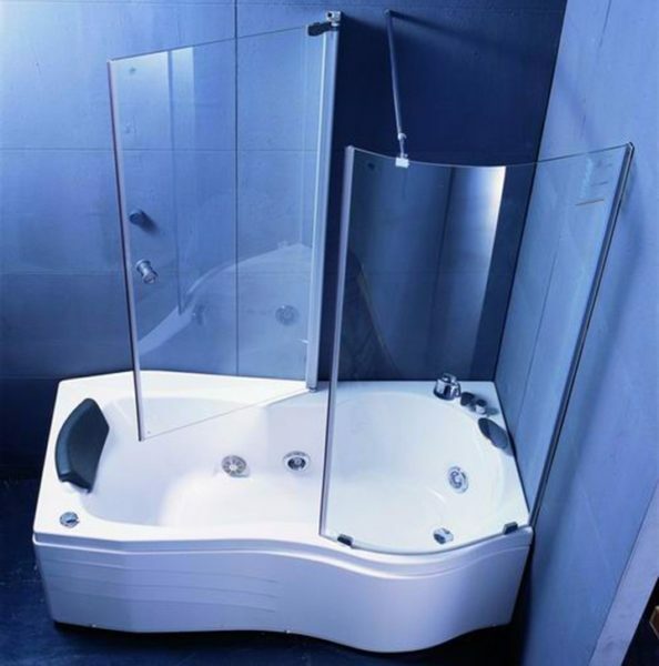 A combined bathtub-shower will not give up the shower stall even in a small Khrushchev