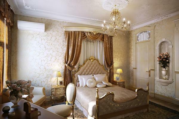 Curtains in the classic interior are hung not only on the windows, but also near the bed