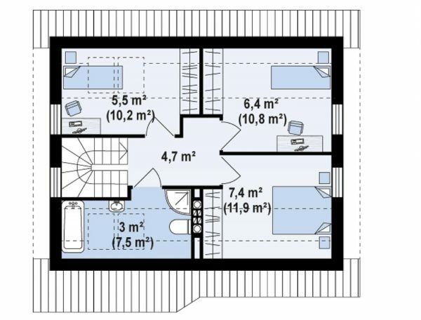Layout of the first floor of the project «Z71» includes three bedrooms and a bathroom