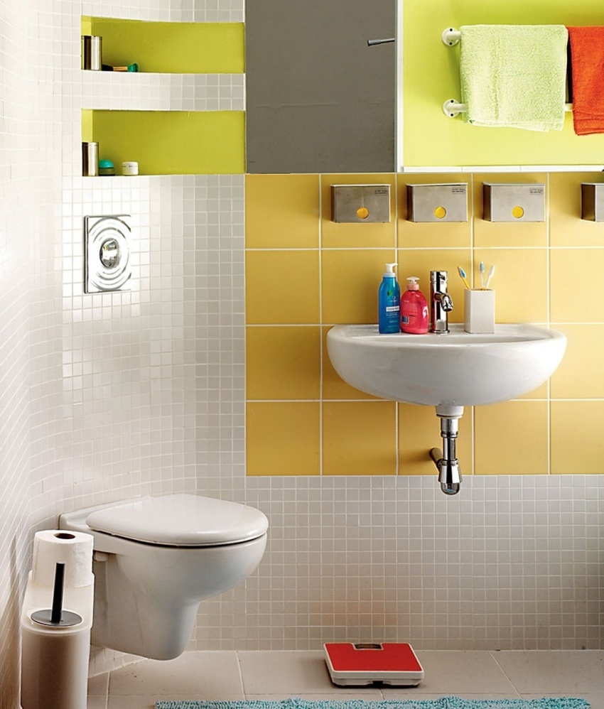 Placed at the corners of the room plumbing devices allow "round out" room, freeing up valuable extra space 
