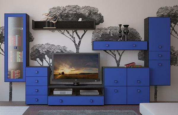 Blue color in the interior of the modular living room will create coziness and calmness