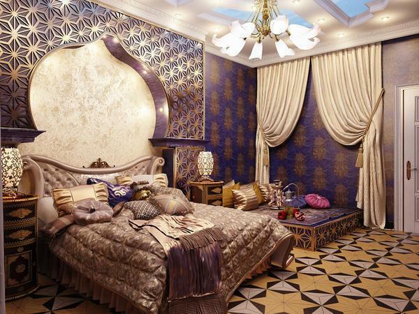 Guļamistaba austrumnieciskā stilā: interjera dizains, mēbeļu un krāsas