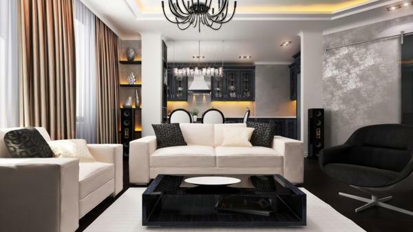 A good style solution for the living room can be a Spanish modern with bright lighting