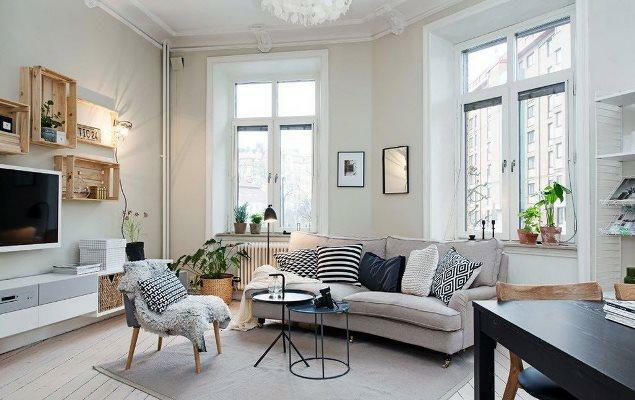 Dzīvo skandināvu stilā: interjera un foto virtuves dizains Ikea, maza mēbeles ar kamīnu, minimālismu