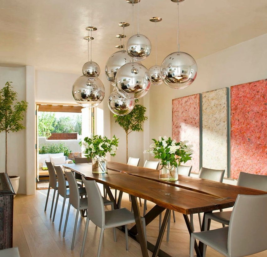 Lodveida formas lampas ir populārākie ēdamistabas telpu dekorēšanas modeļi