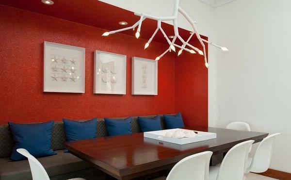 Red and white photo room: interior in black color, living room with blue design, white tones, new walls