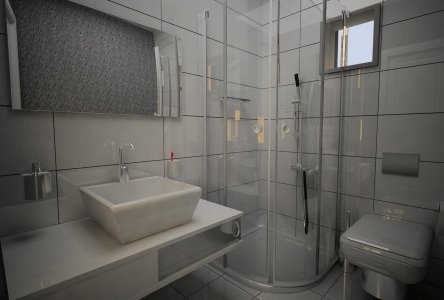 The design of the bathroom is small in size in the panel house