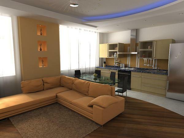 V miestnosti, ktorá spája obývacia izba a kuchyňa, často používaný zónovania pomocou dokončovacích materiály a svetelné akcenty