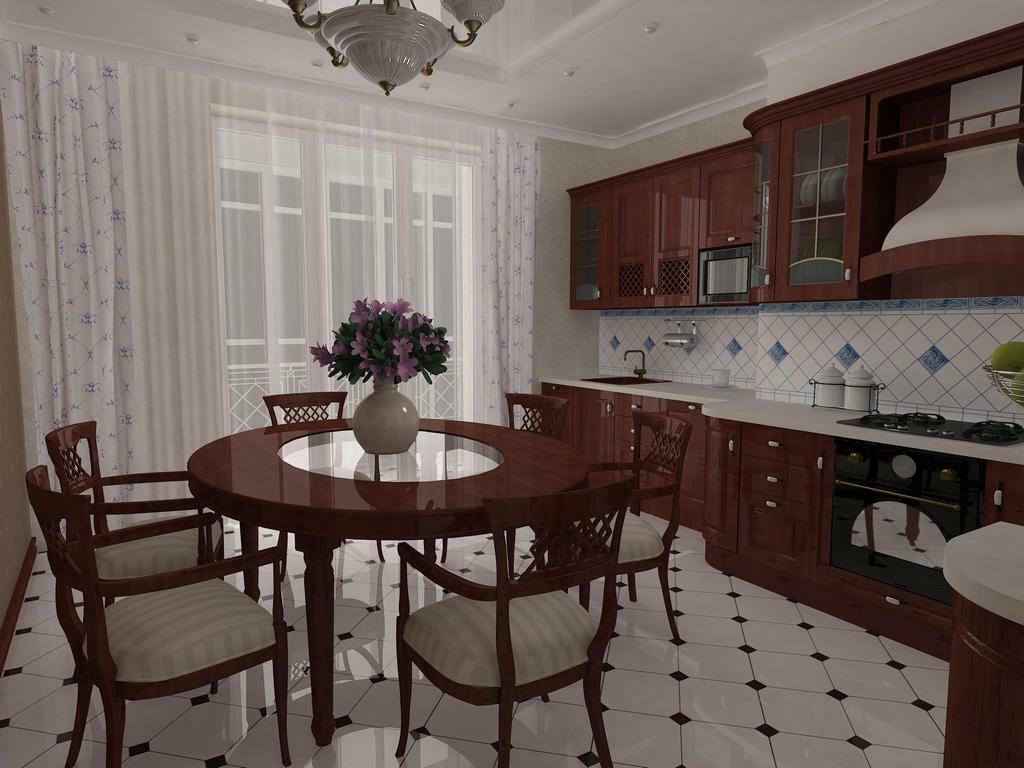 Interior dapur, negara, gaya klasik kecil dalam gambar: perumusan batu buatan
