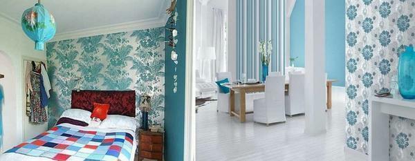 Blanco y turquesa papel de la habitación va a crear una atmósfera de ligereza, frescura y facilidad