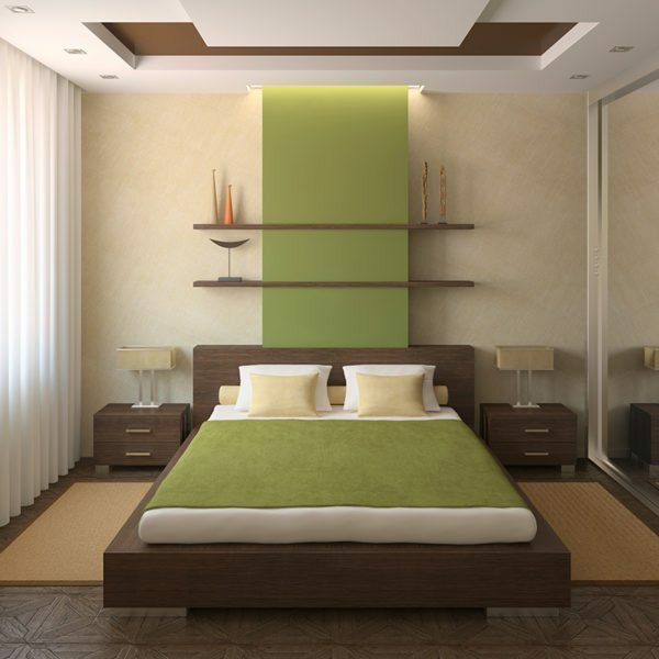 Warm insert above the headboard can be successfully diluted with heavy pieces of furniture.