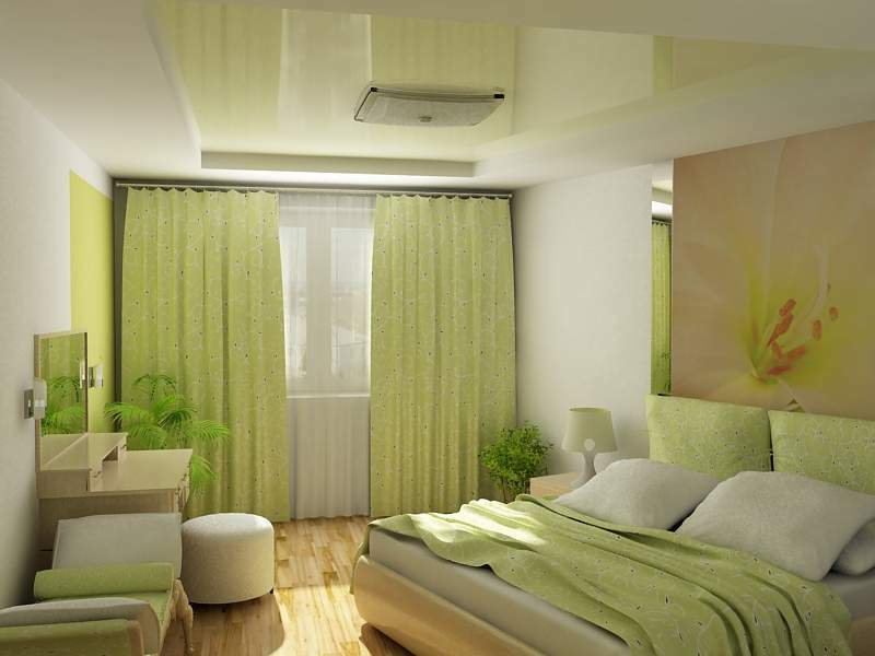 Dizajn spavaća soba 9 m² 3 za 3 u svijetle boje za dvije djevojke u studio apartmanu