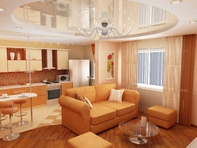 Dizainas gyvenamasis kambarys kartu su virtuve