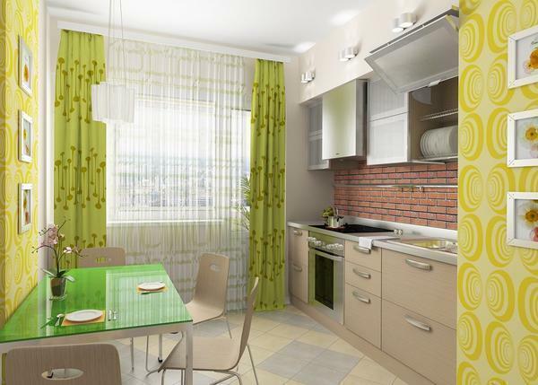 Green curtains in the kitchen are perfectly combined with white curtains