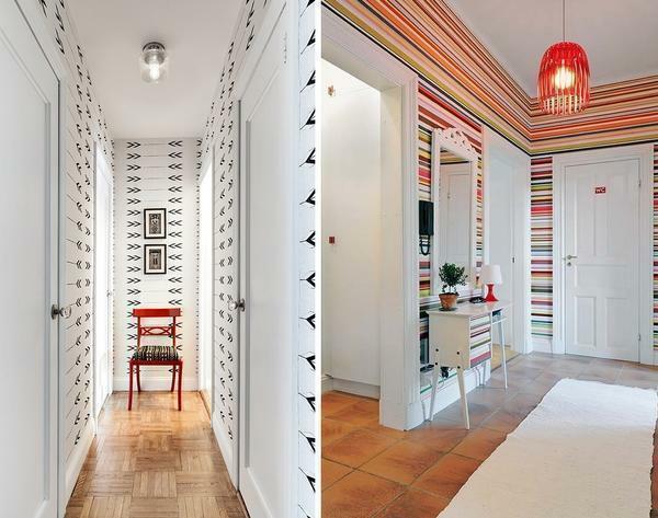 För en liten korridor är bättre att plocka tapet med ett mönster av horisontella linjer eller linjer